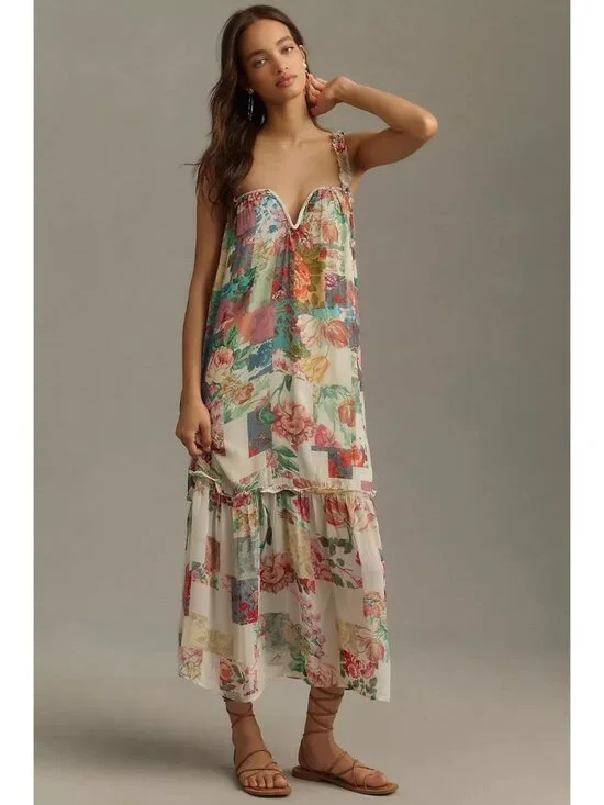 NEW Anthropologie Chiffon Shift Midi Dress Floral Sleeveless Beach Size XXSmall - Picture 10 of 12